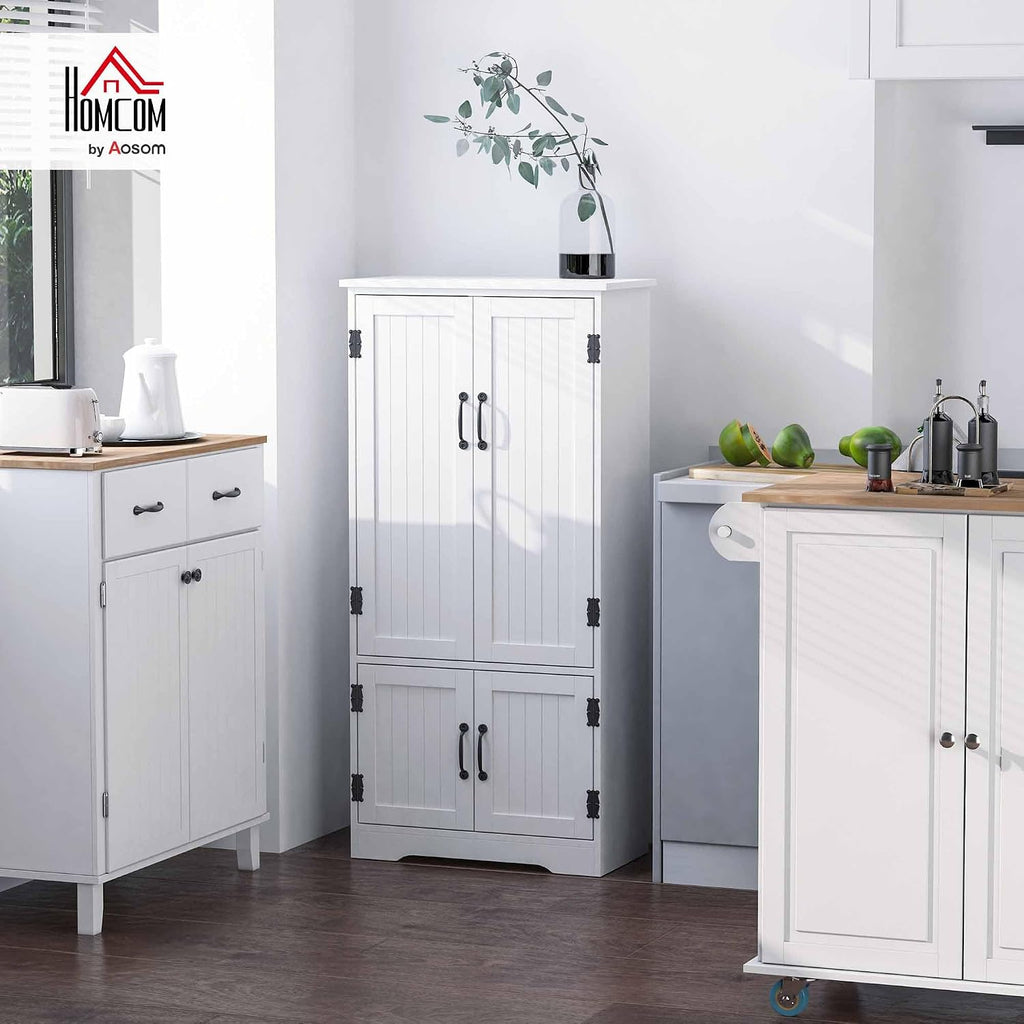 HOMCOM 48.5' Kitchen Pantry Cabinet with 2 Adjustable Shelves and 4 Beadboard Doors, Compact Farmhouse Kitchen Storage Cabinet for Dining Room, White