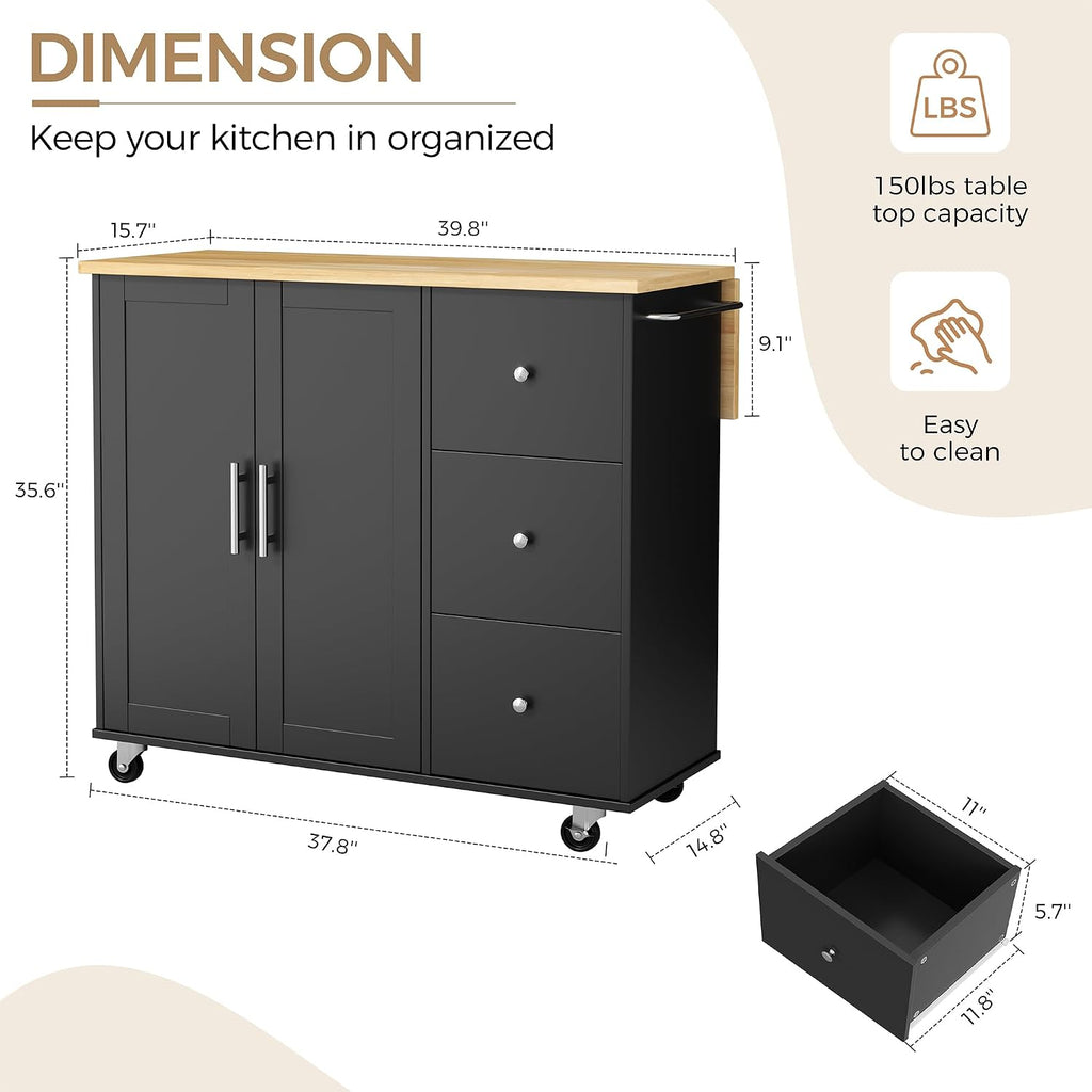 JY QAQA 40' Kitchen Island Cart Furniture cart on Wheels Rolling Portable Dining Room Serving Utility Carts Mobile Movable with Drawers Cabinet,Black