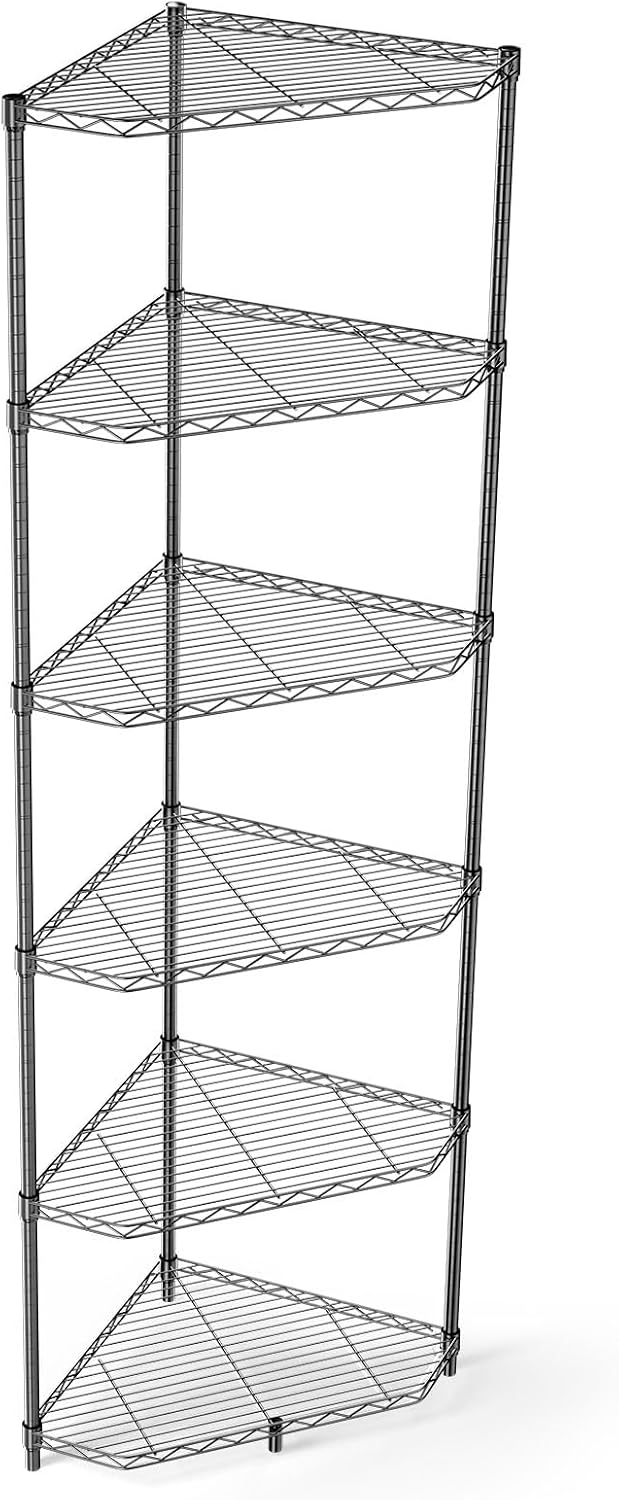 Pentagonal Corner Storage Rack, 6 Tier Metal Corner Shelf Wire Shelving Unit, 600lbs Capacity, NSF, Adjustable Height, Leveling Feet and Liners, Ideal for Bathroom, Kitchen, 72'H x 20'L x 20'W Black