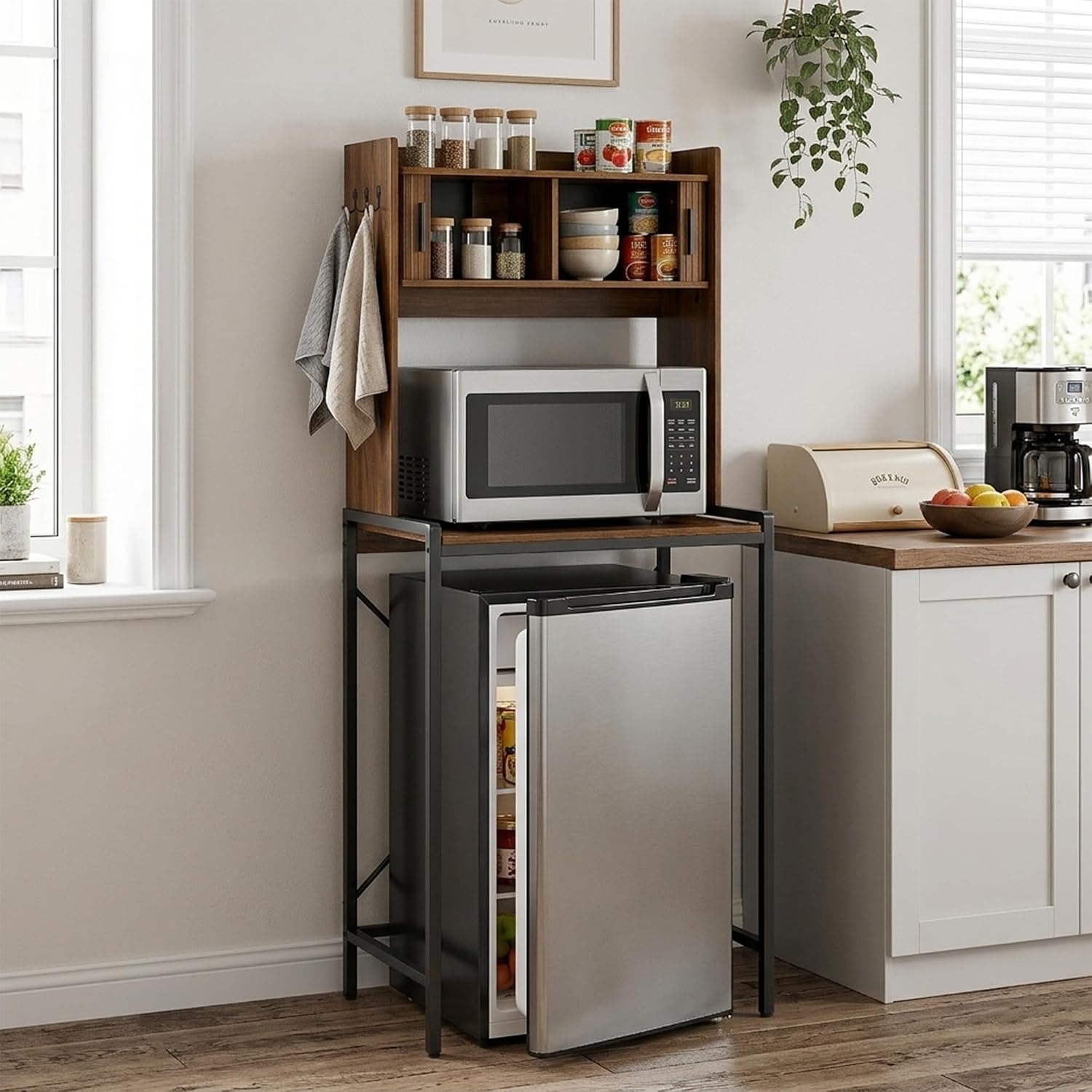 Mini Fridge Stand with Sliding Doors Storage, Microwave Stand and Baker's Rack with 6 Hooks, 4-Tier Mini Fridge Cabinet for Dorm, Home, Office, Kitchen, Walnut Wood