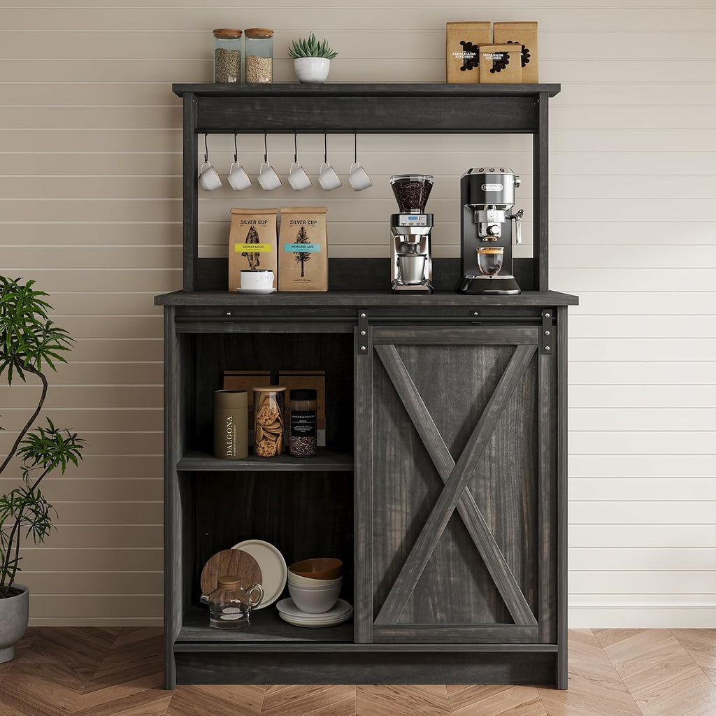 4ever2buy Farmhouse Coffee Bar Cabinet with Hutch, 31 Inch Coffee Bar Hutch with Sliding Barn Door & 6 Hooks for Living Dining Room, Dark Oak | Sliding Barn Door