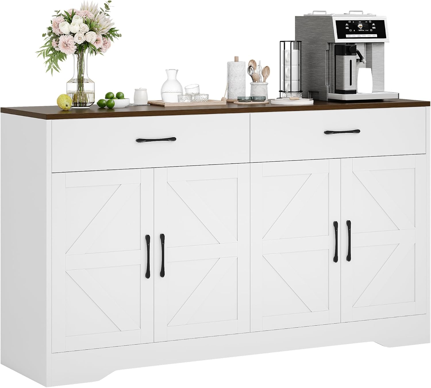 55' Sideboard Buffet Cabinet with Storage, Large Kitchen Storage Sideboard with Drawers & Doors, Modern Wood Farmhouse Coffee Bar Cabinet, Buffet Table for Kitchen, Dining Room, Living Room, White