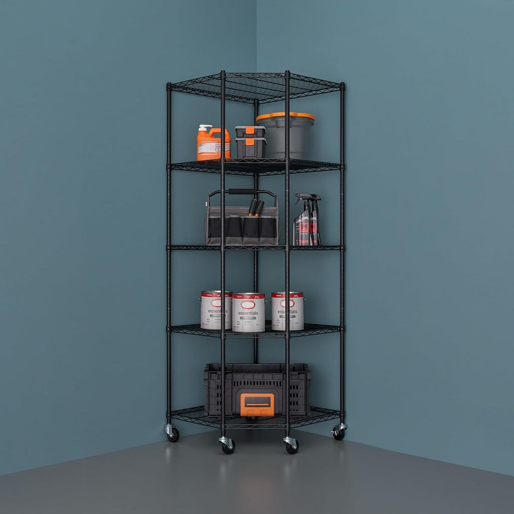 5-Tier Adjustable Wire Shelving with Wheels, Corner Wire Shelf Rack for Kitchen Organization, Garage Storage, 400 to 2000lb Capacity, NSF Certified, 27'x27 x18'x72', Black