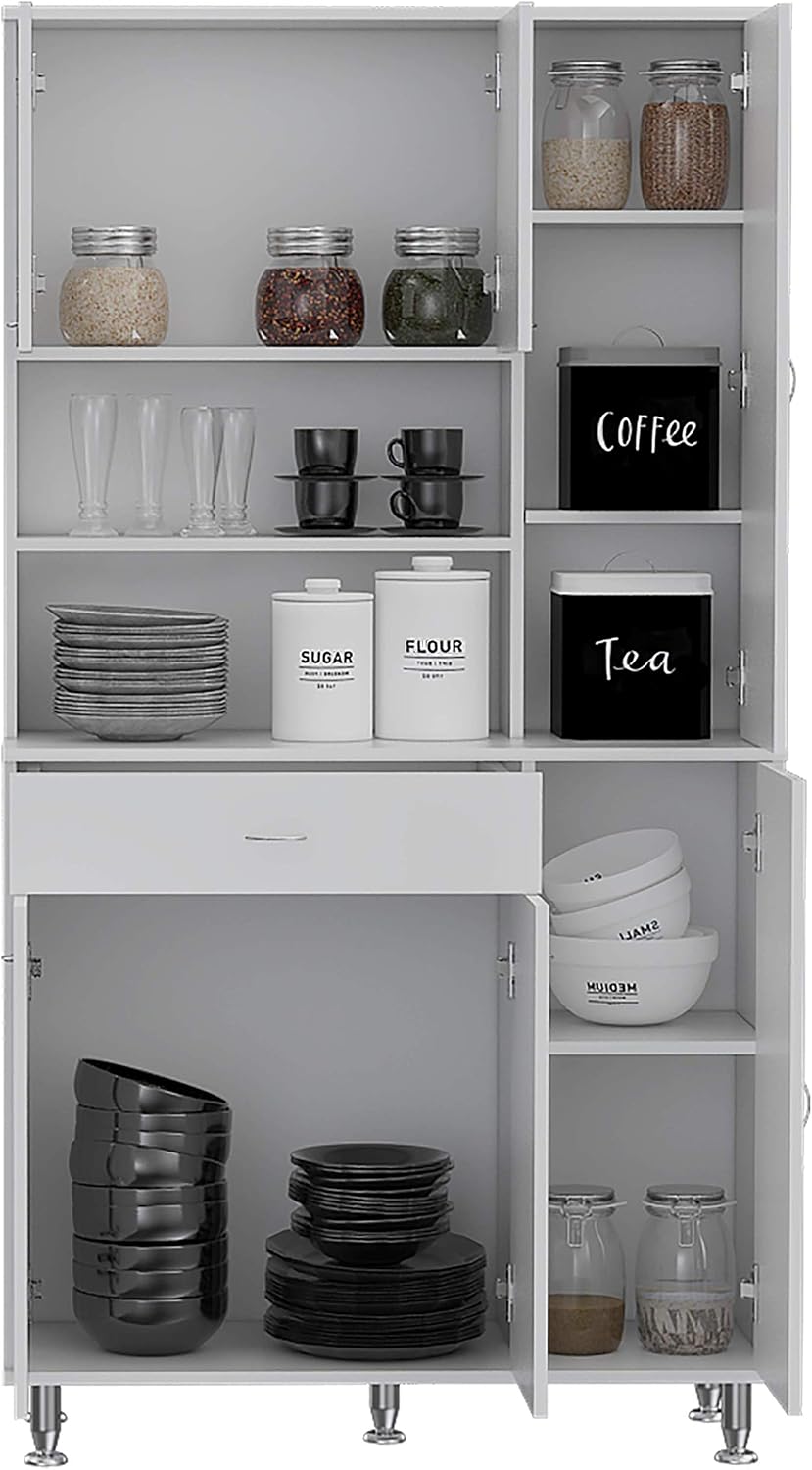 66' 10-Shelf & 1-Drawer Freestanding Storage Cabinet, Kitchen Storage Bakers Rack with 6 Covered Doors, Utility Food Cupboard for Home Kitchen Areas, White