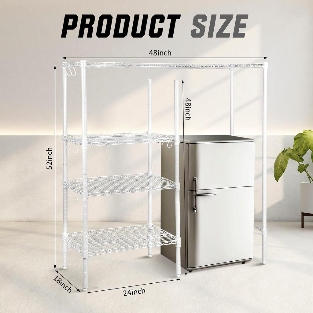 Huwena Mini Fridge Stand with Storage Shelf for Dorm 4 Tier Mini Microwave Stand Baker Rack Adjustable Height over Fridge Storage Organizer with Hook for College Dorm Kitchen Office Coffee Bar (White)