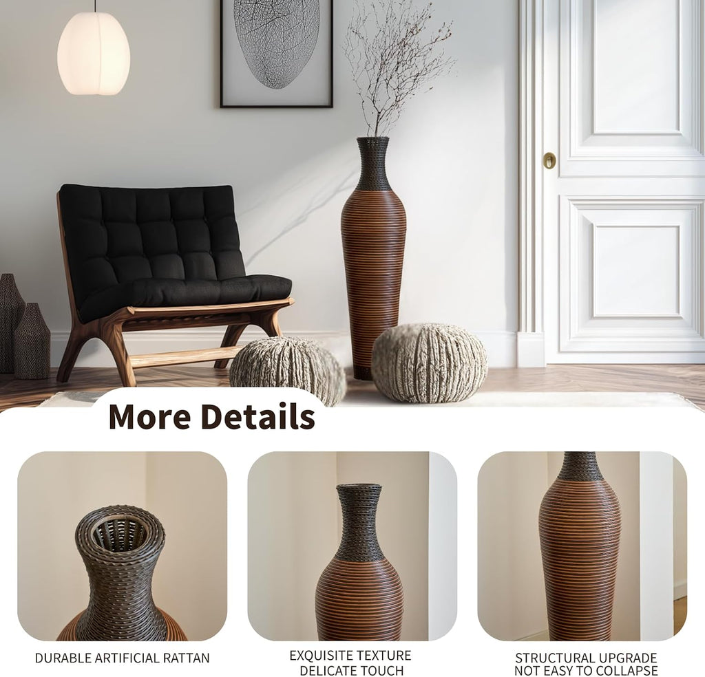 39-Inch Tall Vintage Floor Vase - Premium PVC Rattan Weave, Large Brown Standing Vase, Flower Holder for Home Decor (47 - Dark Brown)