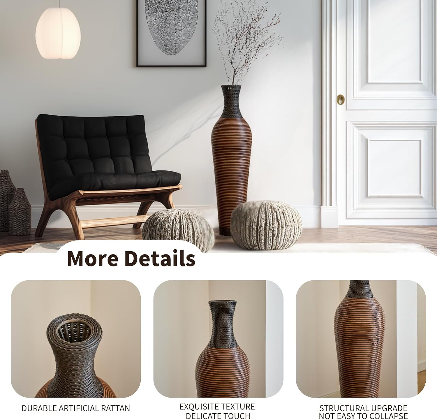 39-Inch Tall Vintage Floor Vase - Premium PVC Rattan Weave, Large Brown Standing Vase, Flower Holder for Home Decor (47 - Dark Brown)