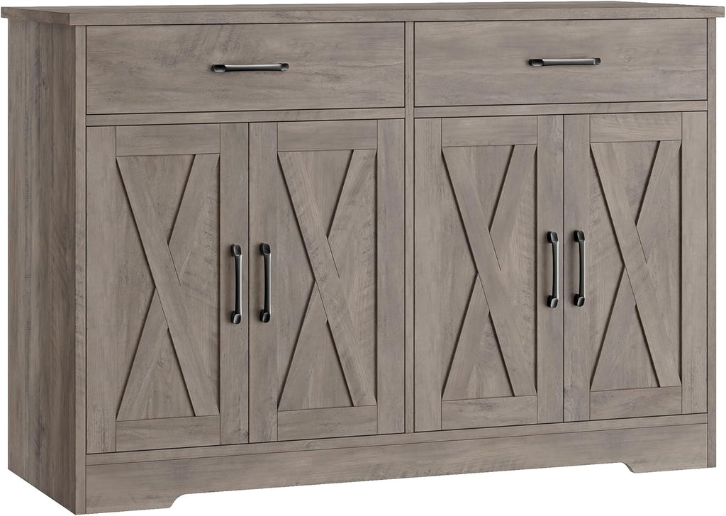 HOSTACK Buffet Cabinet with Storage, 47.2' Kitchen Sideboard Buffet with Drawers, Modern Farmhouse Coffee Bar Station with Shelves, Barn Doors Storage Cabinet for Living Room, Ash Grey