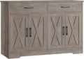 HOSTACK Buffet Cabinet with Storage, 47.2' Kitchen Sideboard Buffet with Drawers, Modern Farmhouse Coffee Bar Station with Shelves, Barn Doors Storage Cabinet for Living Room, Ash Grey