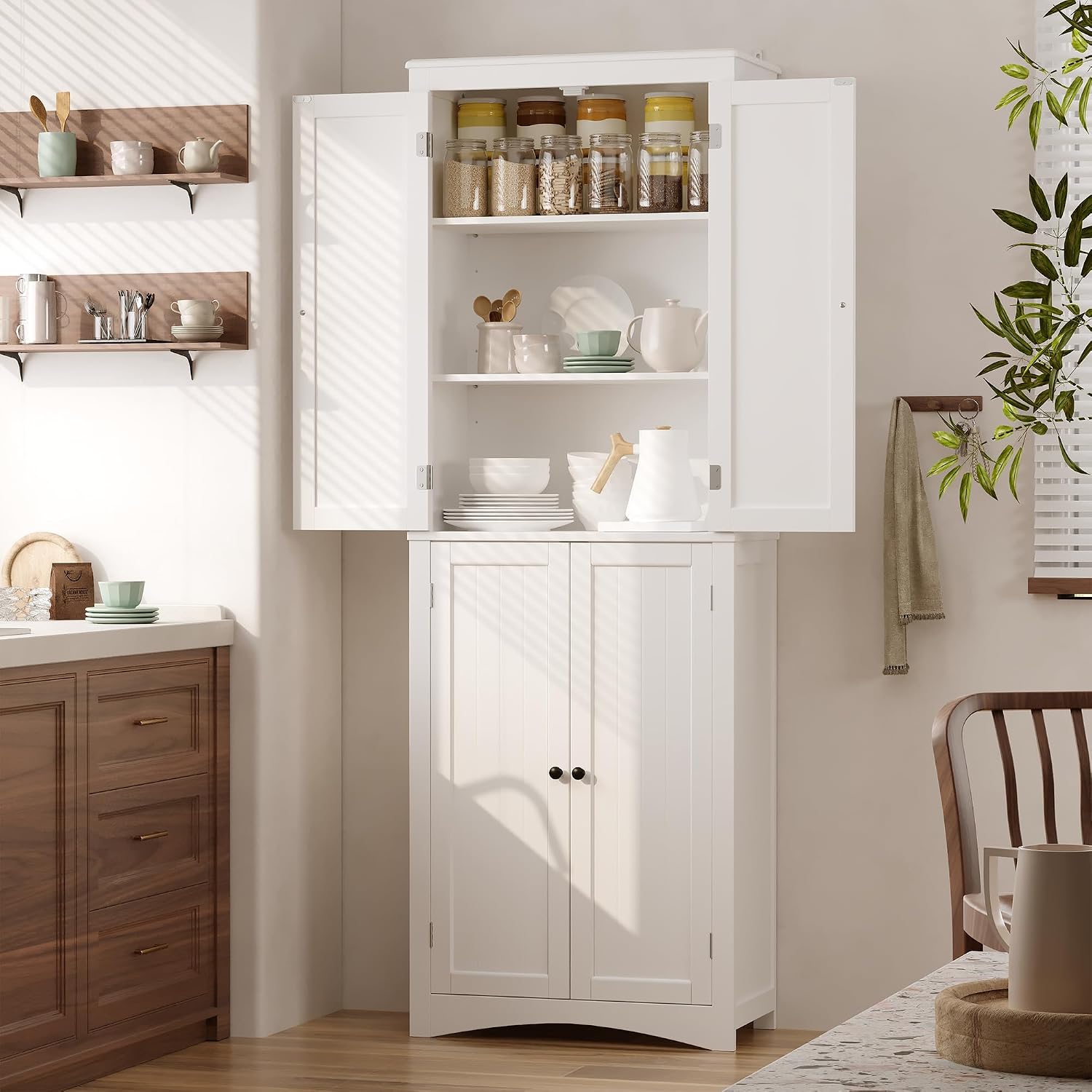 Gizoon Tall Bathroom Storage Cabinet with Adjustable Shelves, 67' H Freestanding Storage Unit with 4 Magnetic Doors, Kitchen Pantry Cabinet for Dining Room, Living Room, White