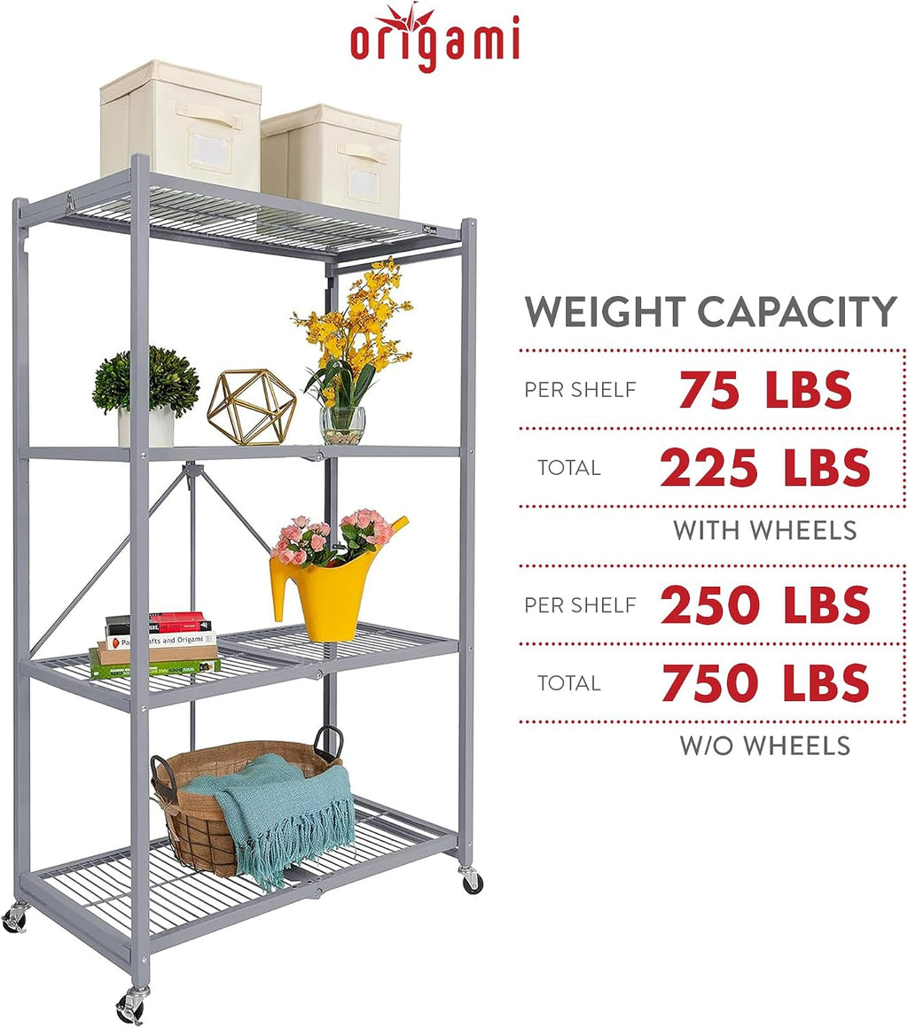 Origami 4 Tier Folding Storage Rack Unit w/Set of 4 Magnetic Wire Shelf Liners