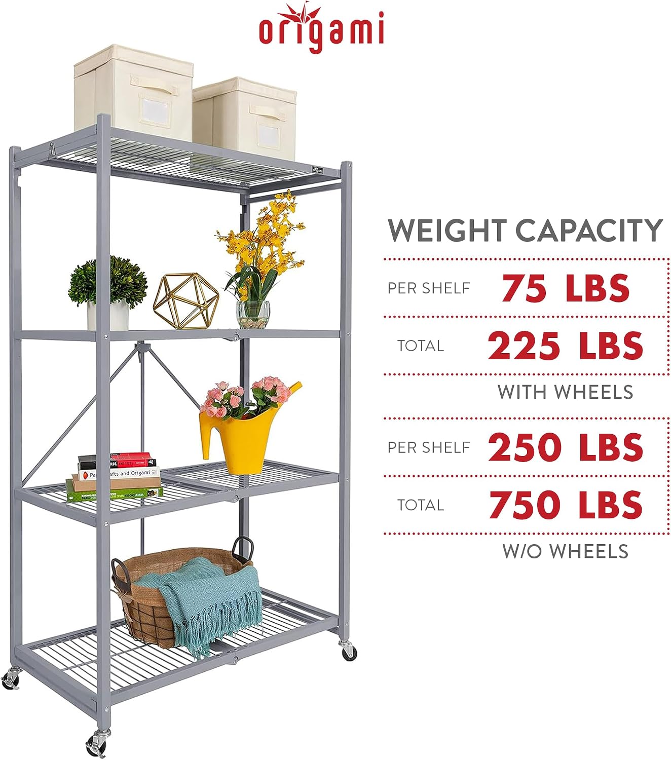 Origami 4 Tier Folding Storage Rack Unit w/Set of 4 Magnetic Wire Shelf Liners