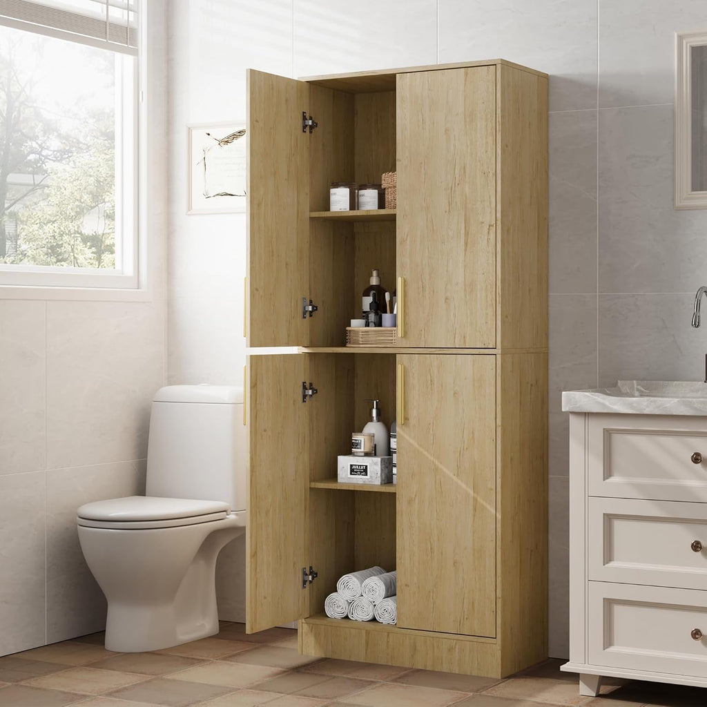 Housoul 71' Tall Pantry Cabinet with 4 Doors, Kitchen Pantry Storage Cabinet, Freestanding Larder Cupboard, Utility Kitchen Hutch with Gold Handles for Dining Room, Bathroom, Natural