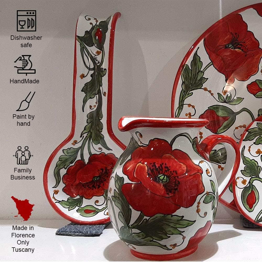 Italian Ceramic Pitcher Poppies - 16 oz Hand Painted Utensil Holder Or Carafe Design for Kitchen - Made in ITALY Tuscany - Italian Pottery Vase Jar for Wine - Home Decor Ceramics Dispenser