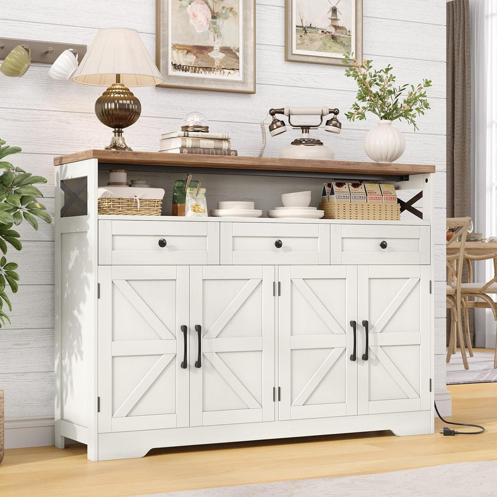Befrases Farmhouse Sideboard Buffet Cabinet, Barn Doors Storage Cabinet with Drawers and Open Shelf, 47.2'' Wood Coffee Bar Microwave Station for Kitchen, Living Room, Hallway, White