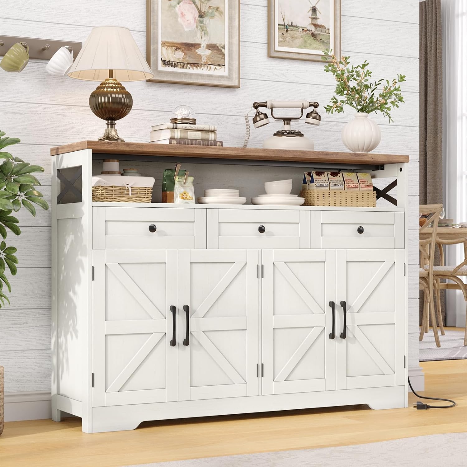 Befrases Farmhouse Sideboard Buffet Cabinet, Barn Doors Storage Cabinet with Drawers and Open Shelf, 47.2'' Wood Coffee Bar Microwave Station for Kitchen, Living Room, Hallway, White