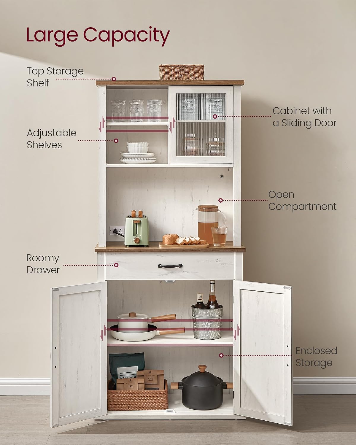 VASAGLE LIRY Collection - 71-Inch Tall Kitchen Pantry Cabinet with Lights and Charging Station, Coffee Bar Cabinet with Doors and Drawer, Farmhouse Style, Adjustable Shelves, Rustic White UBBK363W12