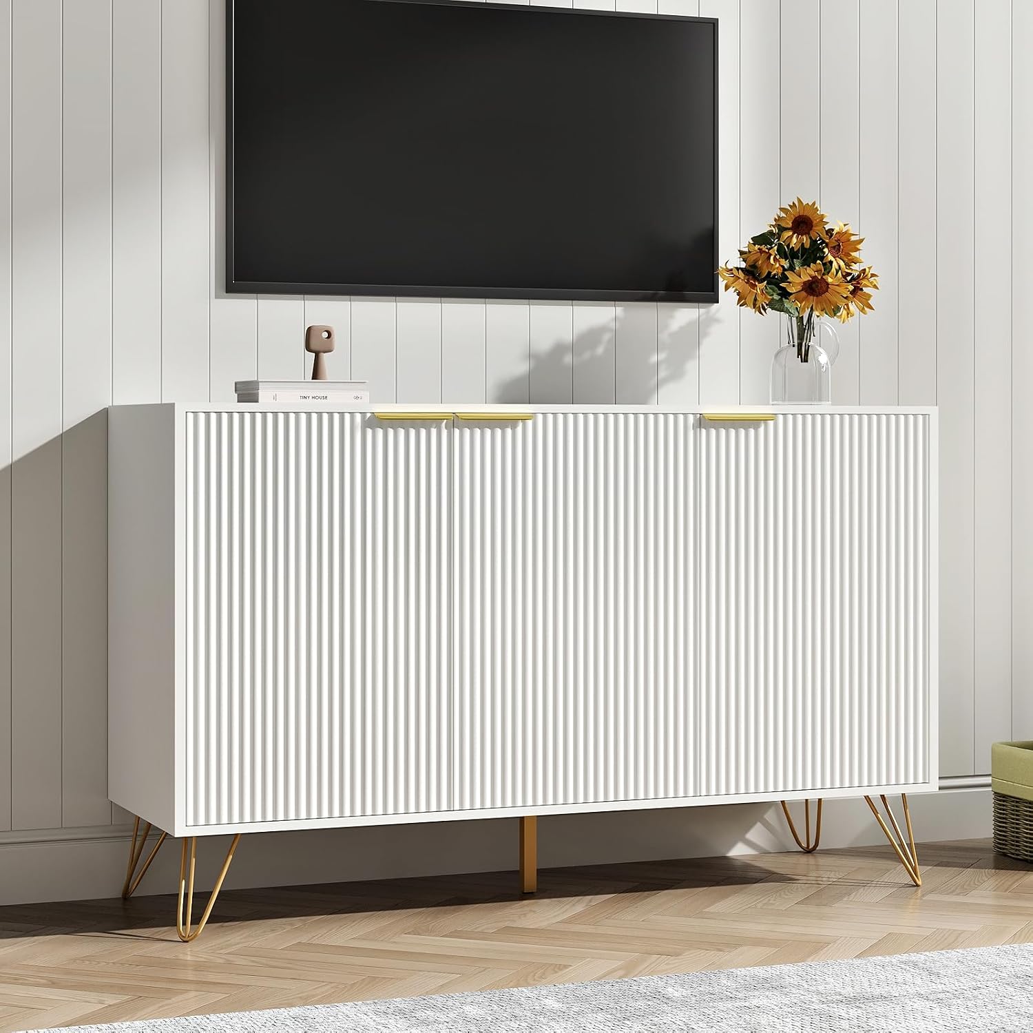 Storage Cabinet with 3 Doors, Buffet Cabinet with Storage, Sideboard Coffee Bar Cabinet with Metal Legs and Adjustable Shelf for Kitchen, Dining Room, Living Room, Office, White
