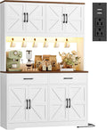 HIFIT 71' Tall Kitchen Pantry Cabinet with RGB LED and Charging Station, Farmhouse Coffee Bar Cabinet with Large Countertop and 6 Hooks, Kitchen Hutch Storage Cabinet, White