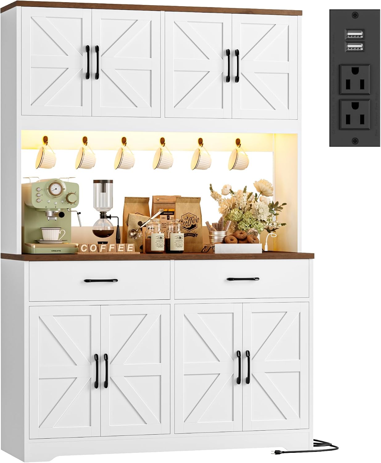 HIFIT 71' Tall Kitchen Pantry Cabinet with RGB LED and Charging Station, Farmhouse Coffee Bar Cabinet with Large Countertop and 6 Hooks, Kitchen Hutch Storage Cabinet, White