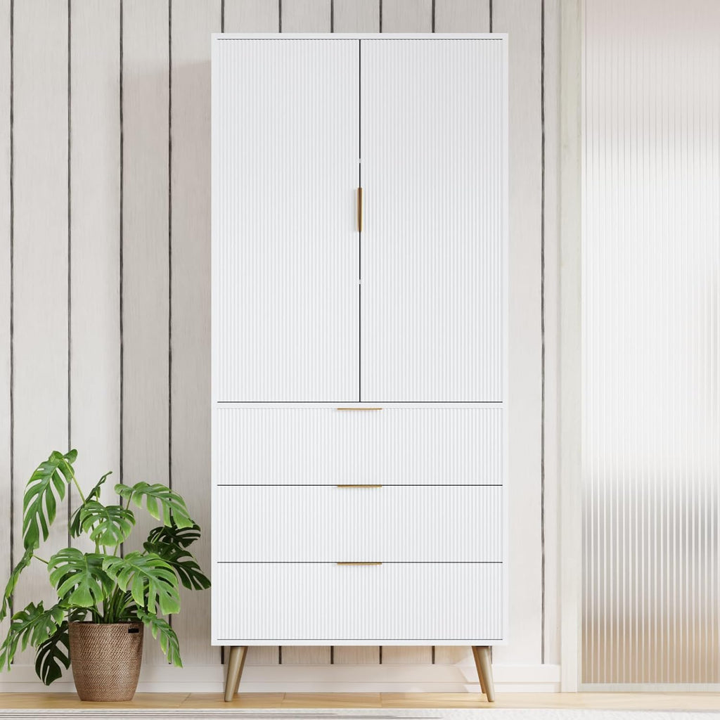 Fluted Tall Cabinet, Kitchen Pantry Cabinet with Adjustable Shelves, Wood Cupboard with 2 Doors, Mid Century Modern Cabinet for Living Room Dining Room Entryway Office, Walnut