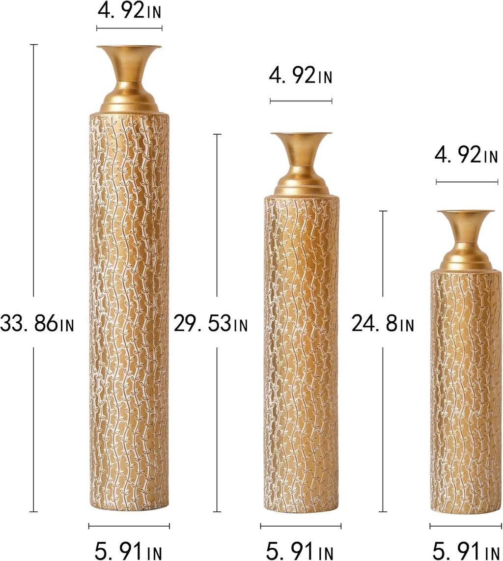 Floor Vases Decorative Tall - 34/29/25in Metal Extra Large Decorative Vase Set of 3, Gold Tall Floor Vase for Home Decor, Living Room Entryway Decor Dining Bedroom Home Corner Indoor Office