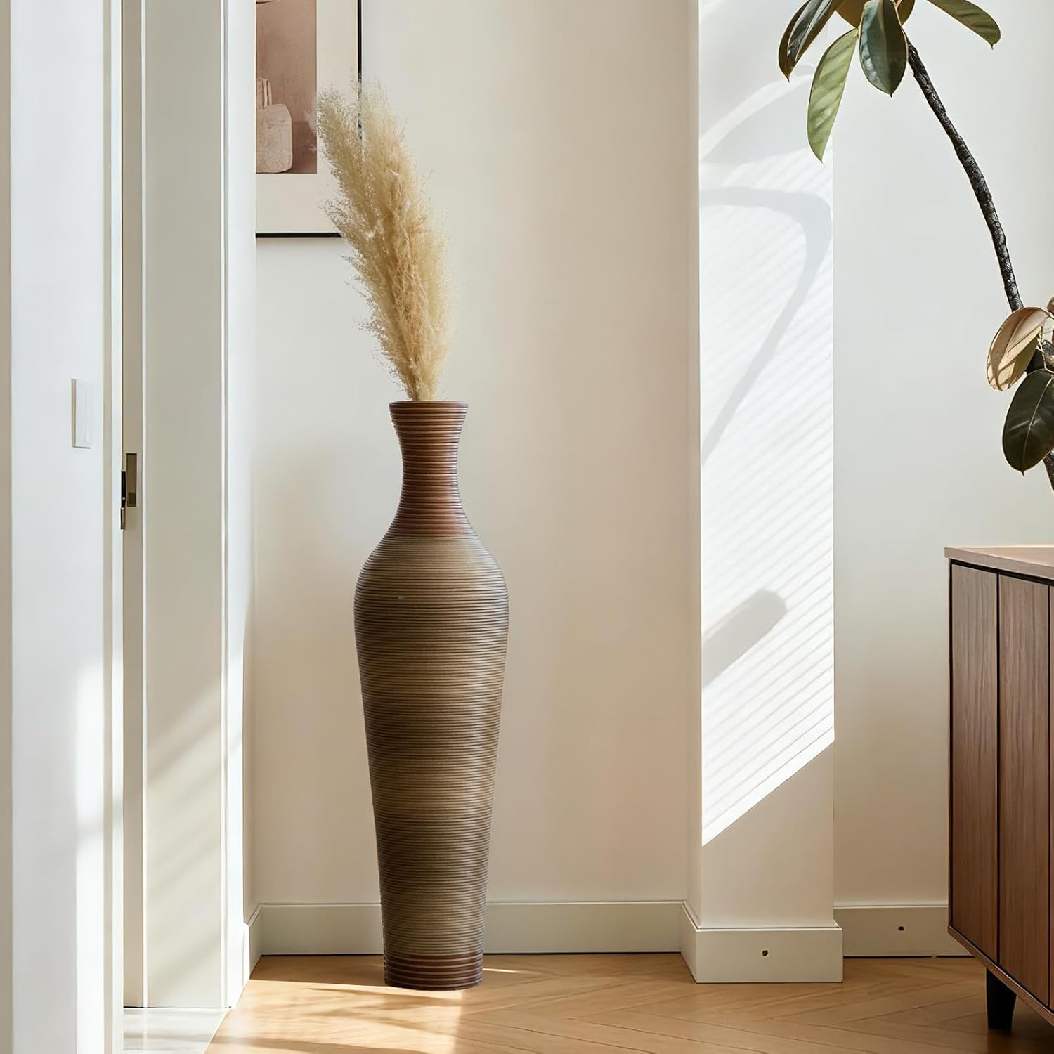 39-Inch Tall Vintage Floor Vase - Premium PVC Rattan Weave, Large Brown Standing Vase, Flower Holder for Home Decor (Brown Grey)