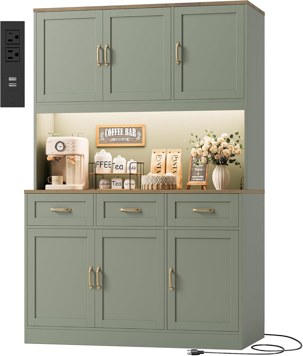HOSTACK 72' Tall Kitchen Pantry Cabinet with Charing Station | LED Lights, 47' W Kitchen Pantry Storage Cabinet with Countertop, Modern Kitchens Hutch Cabinets with Storage for Dining Room, Green