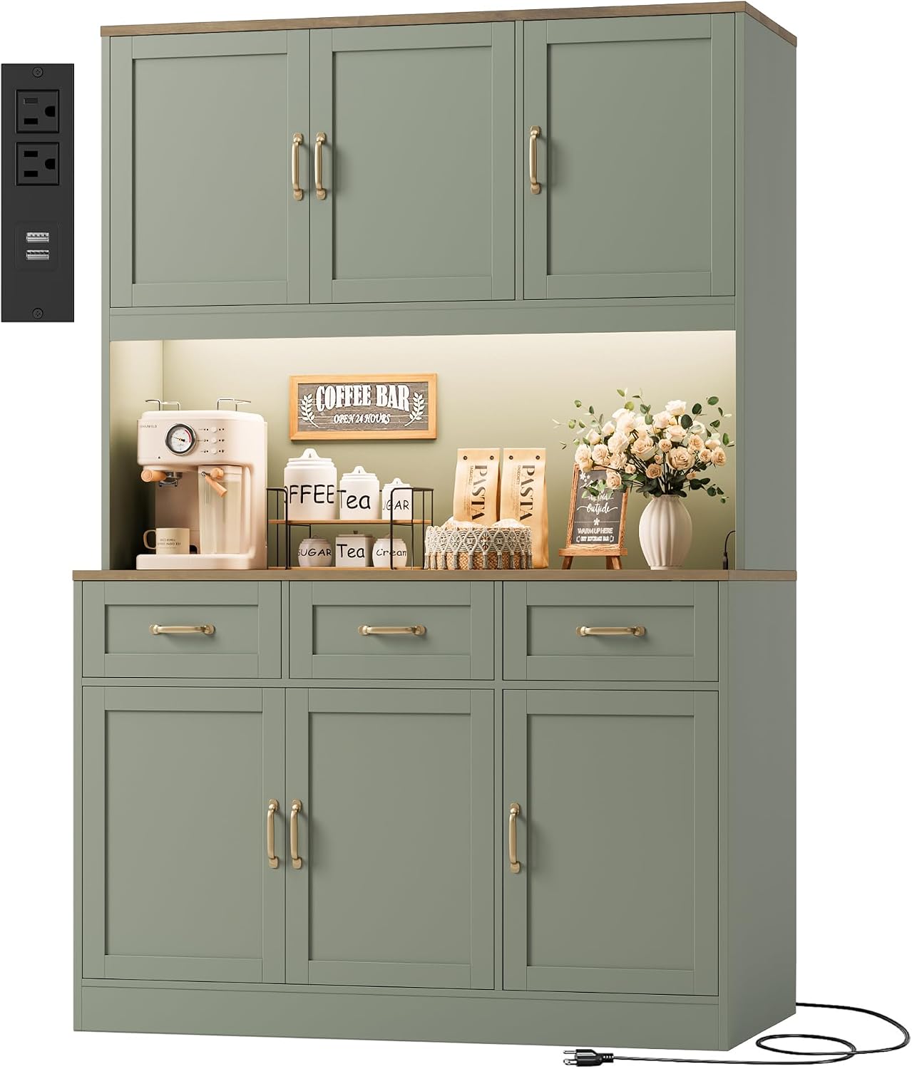 HOSTACK 72' Tall Kitchen Pantry Cabinet with Charing Station | LED Lights, 47' W Kitchen Pantry Storage Cabinet with Countertop, Modern Kitchens Hutch Cabinets with Storage for Dining Room, Green