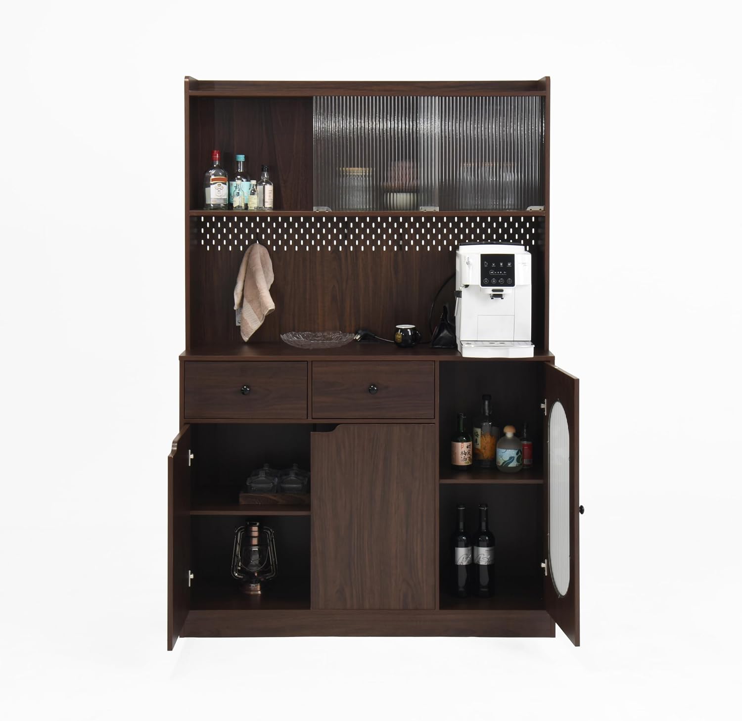 71' Tall Kitchen Pantry Storage Cabinet with Glass Doors Large Capacity Display, Microwave Stand, Bakers Rack with Storage for Kitchen, Pantry, Living Room (Walnut)