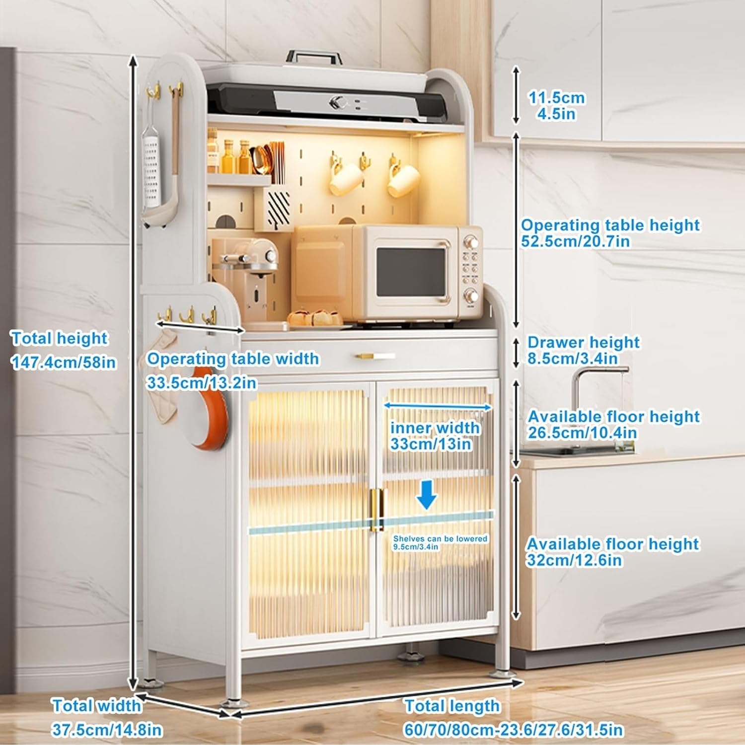 4-Tier Kitchen Pantry Storage Cabinet, Baker's Rack with Drawer Pegboard, Flip Door Design, Ideal for Home Kitchen, Garage, Organizing Spices, Pots Pans,White,60cm/23.6in