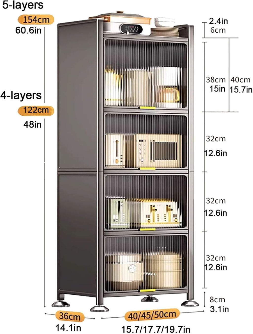 Coffee Bar Cabinet with Drawer, Bakers Rack, Microwave Stand, 4-Tier / 5-Tier Microwave Stand, Transparent Flip Switch Door Design, for Kitchen, Dining Room, Living Room (Color : 4-Layers, Size : 40