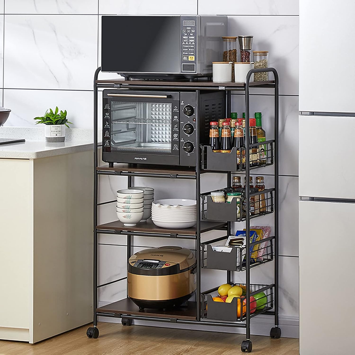 TFCFL Kitchen Storage, Utility Microwave Stands Storage For Spice, 4-Tier+5 Push-Pull Headers, Bakers Rack Multi-Layer Kitchen Storage Shelf