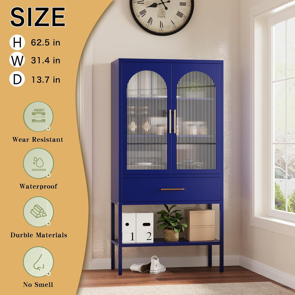 ALBAD 63 Inch Tall Metal Pantry/Display/Storage Cabinet with Fluted Glass Doors and Drawer & Adjustable Shelf for Modern Home Office Living Room Kitchen Blue