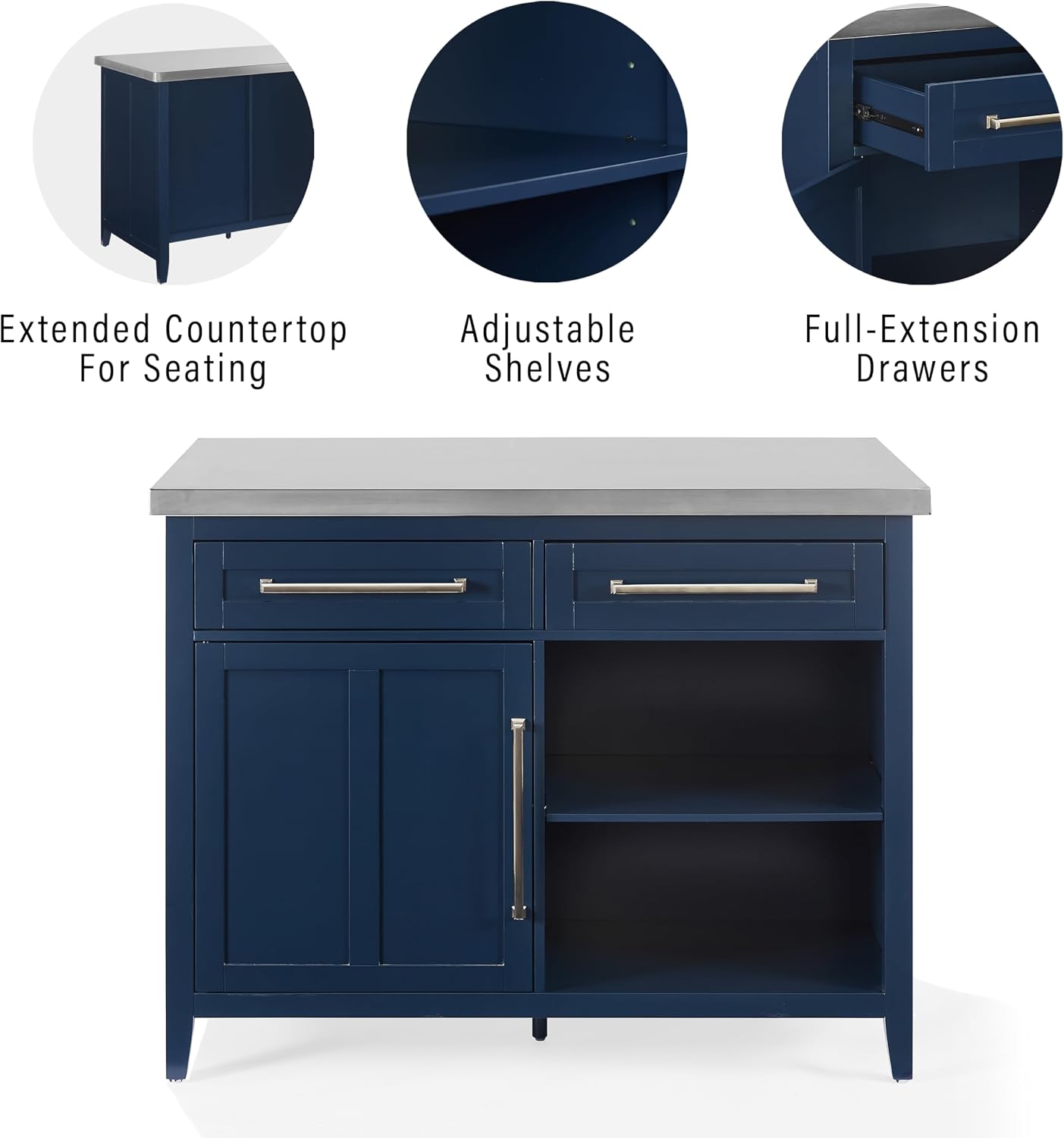 Crosley Furniture Silvia Stainless Steel Top Kitchen Island, Microwave Stand, Coffee Bar, with Shelves, Navy/Stainless Steel