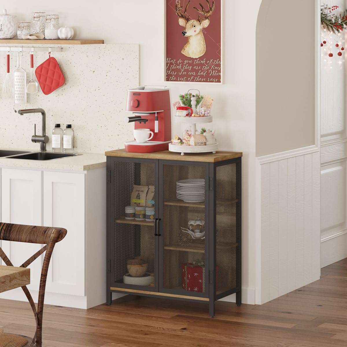 BON AUGURE Coffee Bar Cabinet with Storage for Home Kitchen, Rustic Liquor Cabinet for Entryway, Small Industrial Buffet Sideboard Cabinets for Dining Room (Vintage Oak)