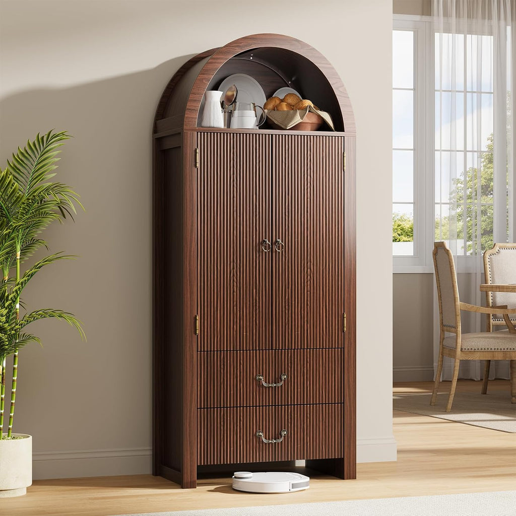 FURSUN 71' Tall Fluted Arched Bookshelf with Doors, Wood Pantry Storage Cabinet with 2 Large Drawers, Modern Versatile Bookcase for Living Room, Kitchen, Dining, Dark Walnut