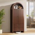 FURSUN 71' Tall Fluted Arched Bookshelf with Doors, Wood Pantry Storage Cabinet with 2 Large Drawers, Modern Versatile Bookcase for Living Room, Kitchen, Dining, Dark Walnut