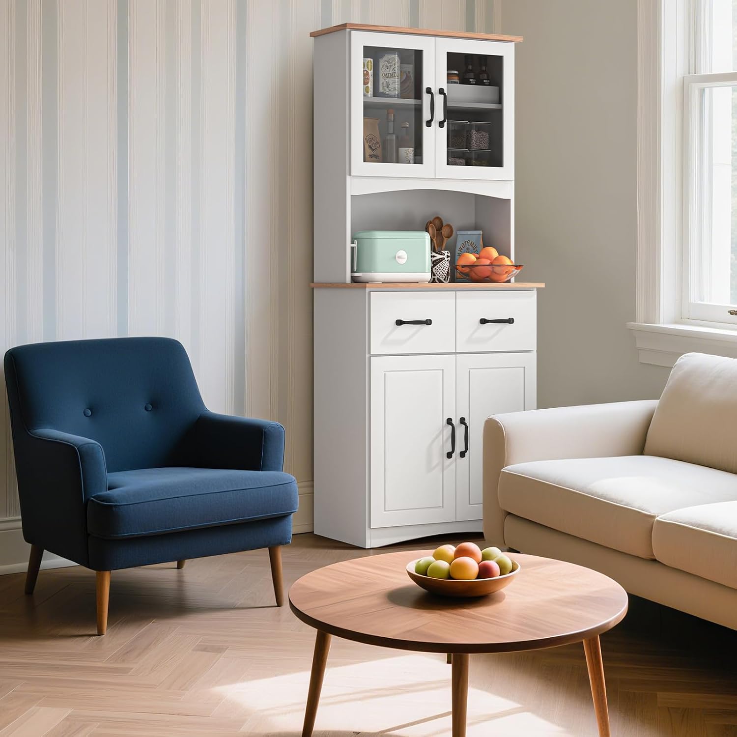 67' Kitchen Pantry Cabinet with Glass Doors & Drawers, Adjustable Shelves, Anti-Tip, Space-Saving Microwave Stand for Small Kitchens