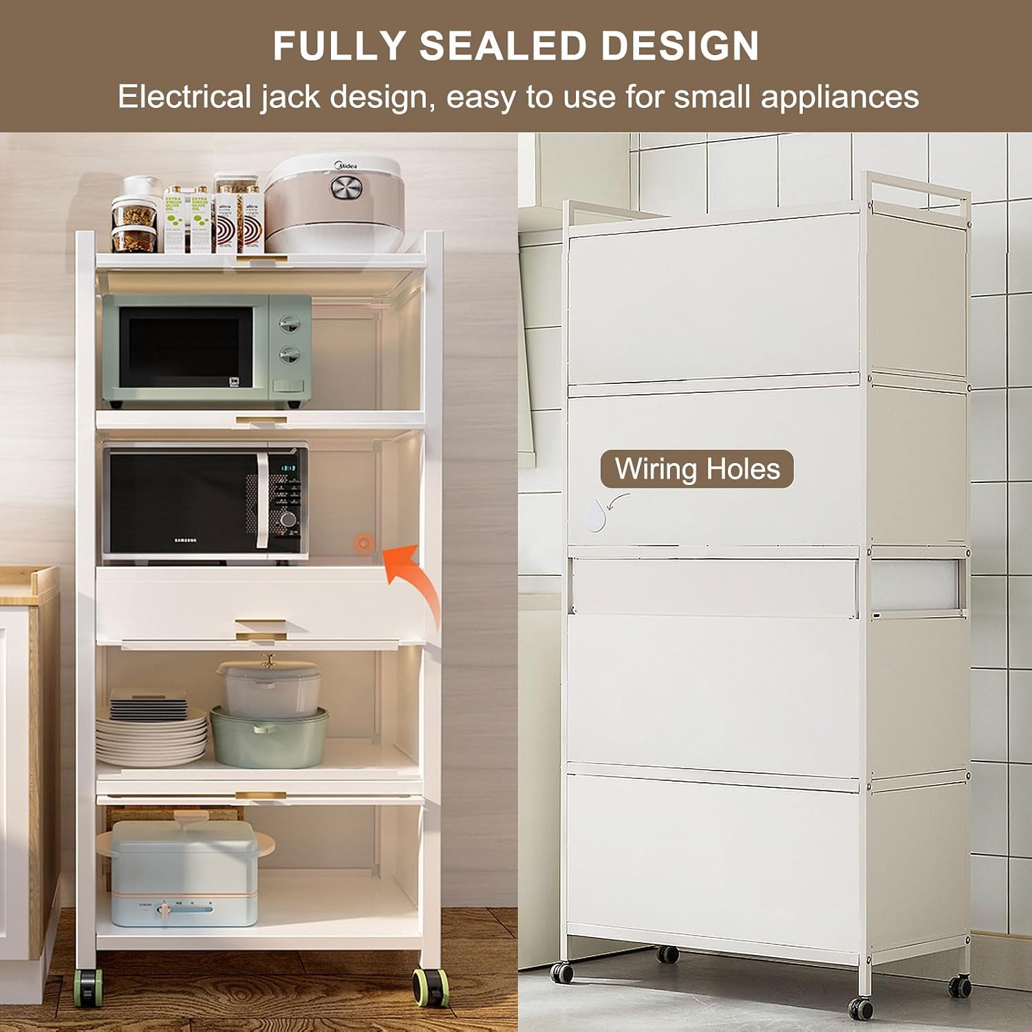 5-Tier Kitchen Storage Cabinet with Flip Doors, Mobile Microwave Stand with Brakeable Casters, Freestanding Kitchen Bakers Rack with Drawer, for Dining Room, Living Room,Black,60×135cm/23.6×53in