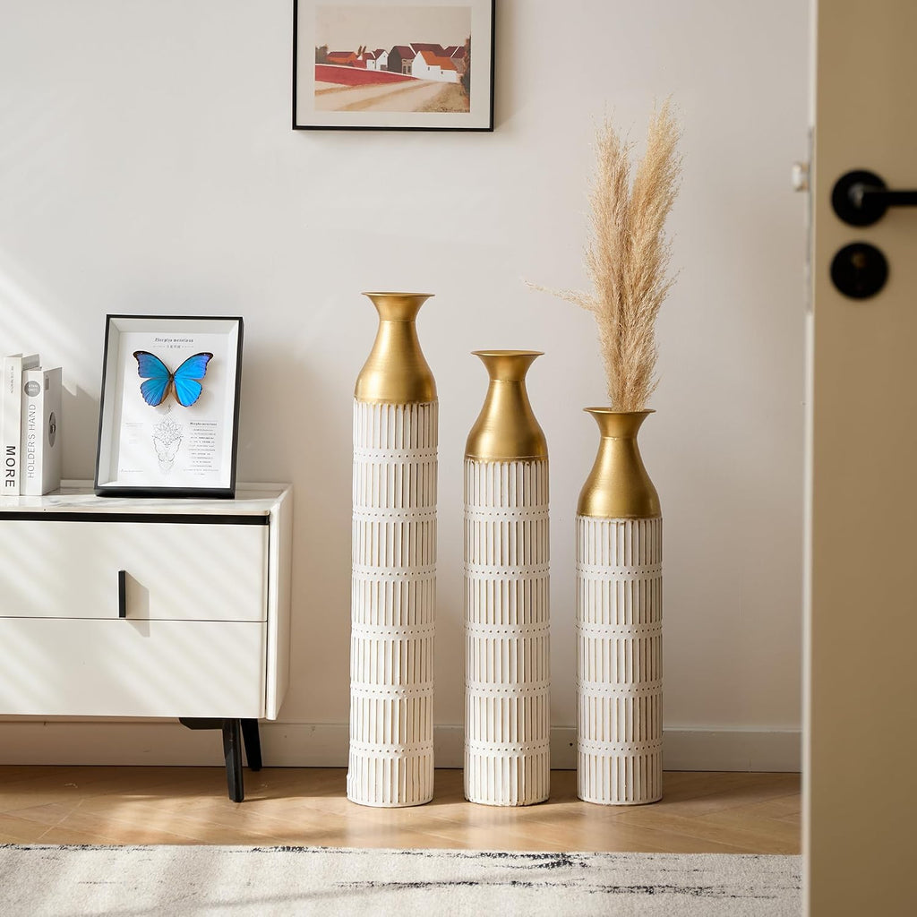 Floor Vases Decorative Tall - 24/28.7/33.5in Glazed Metal Extra Large Decorative Vase Set of 3, White Tall Floor Vase for Home Decor, Living Room Entryway Decor Dining Bedroom Home Corner Office