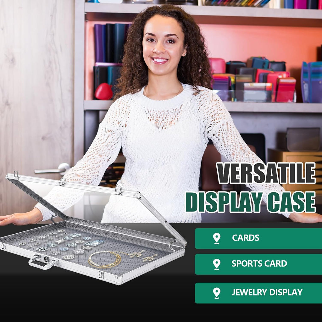 2 Pcs Card Show Display Case Trade Show Display Case Sport Aluminum Glass Table Top Portable Box with Clear Acrylic Showcase with Lock for Jewelry Craft Collect