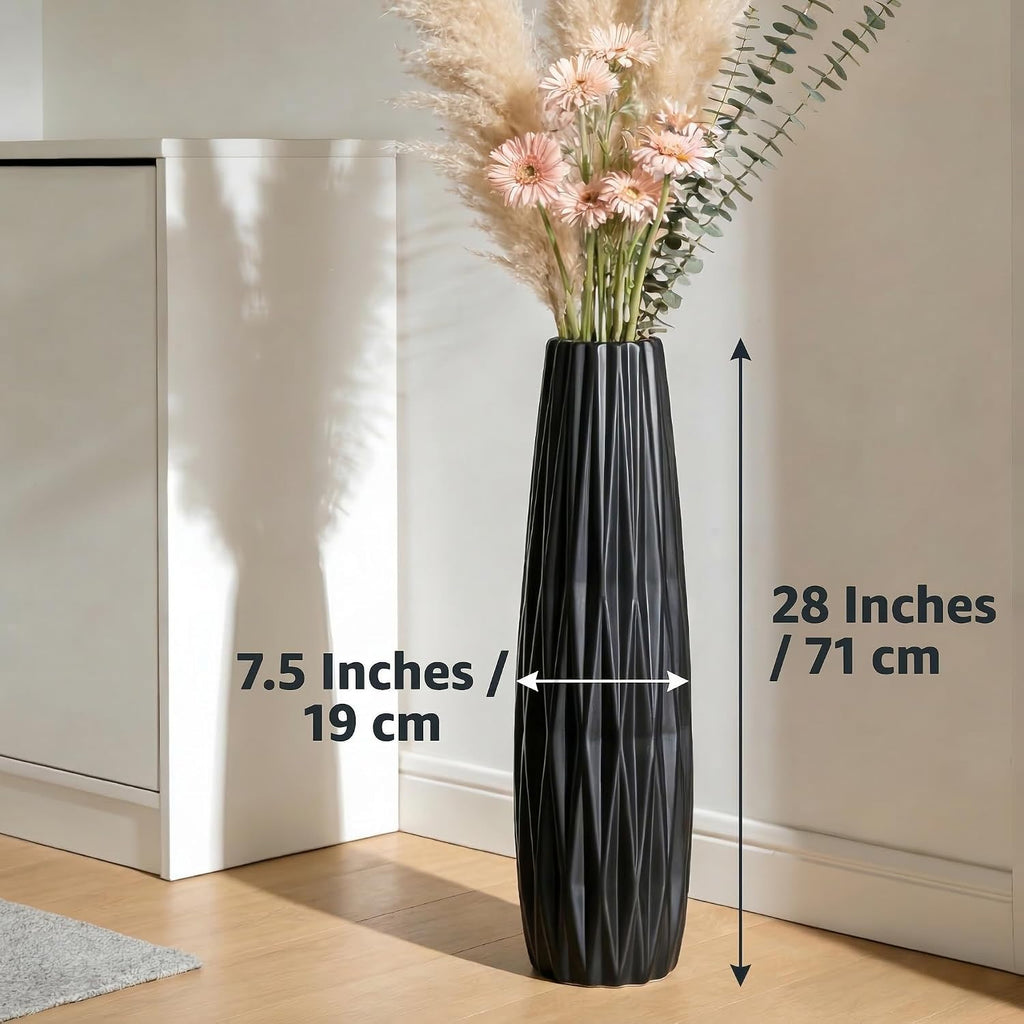 Tall Black Floor Vase – 28' Twisted Geometric Ceramic Vase for Modern Home, Living Room, Table Centerpiece or Corner Decoration