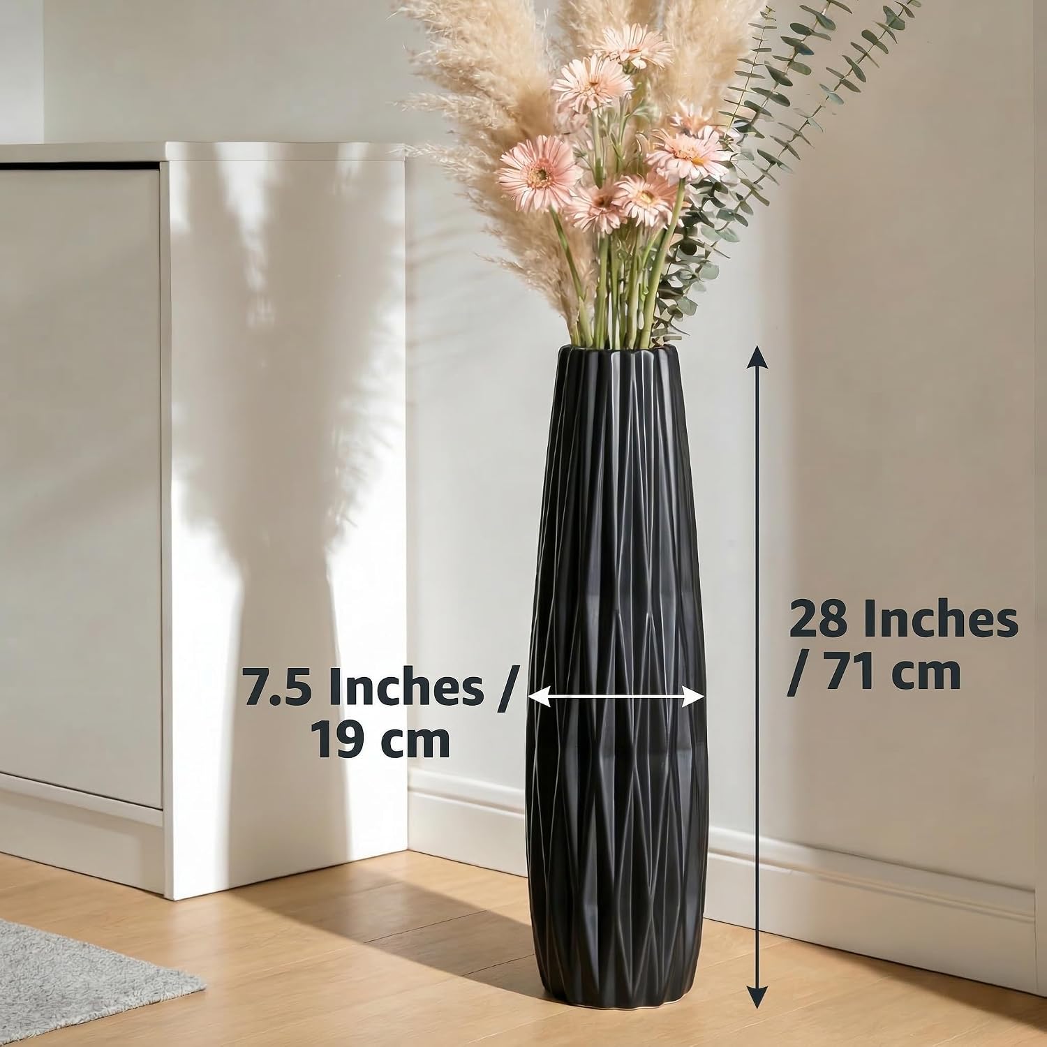 Tall Black Floor Vase – 28' Twisted Geometric Ceramic Vase for Modern Home, Living Room, Table Centerpiece or Corner Decoration