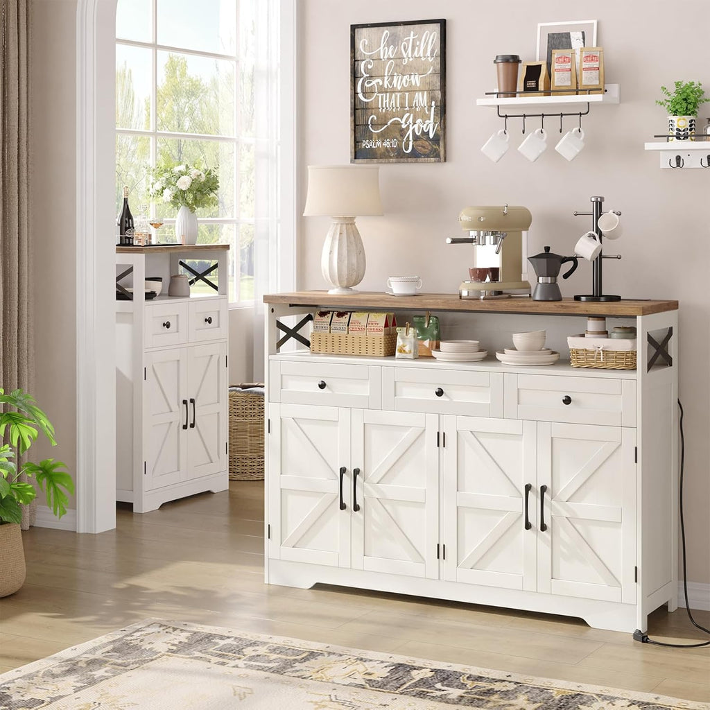 Befrases Farmhouse Sideboard Buffet Cabinet, Barn Doors Storage Cabinet with Drawers and Open Shelf, 47.2'' Wood Coffee Bar Microwave Station for Kitchen, Living Room, Hallway, White