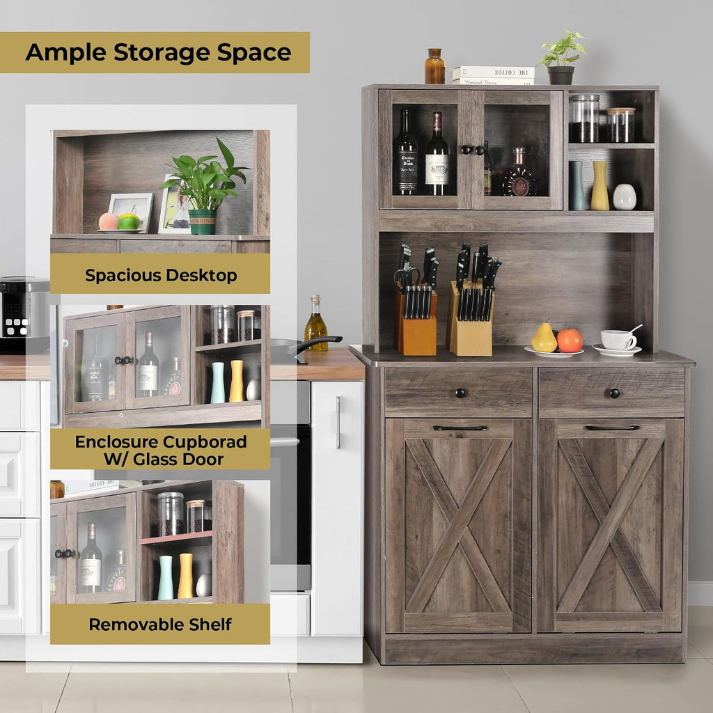 Arlopu Dual Tilt Out Trash&Storage Cabinet, Kitchen Sideboard Cupboard W/Pet Proof 10X2 Gal Hidden Garbage Holder, Freestand Laundry Sort Cabinet, W/Drawer, Shelves,Barn Door (Oak Grey)