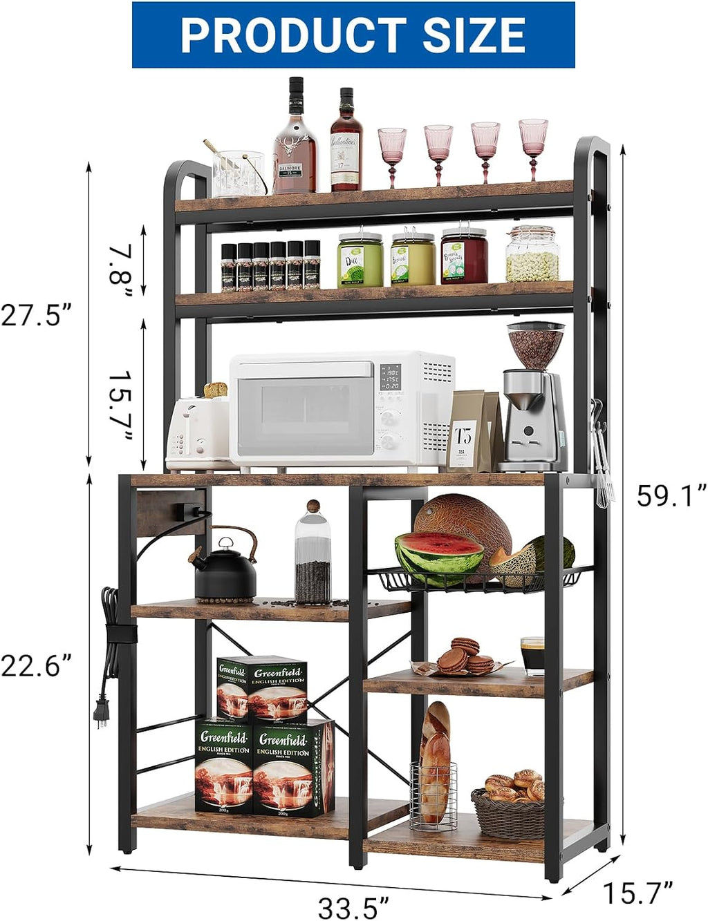 IDEALHOUSE Bakers Rack with Power Outlet, 6-Tier Coffee Bar Station with Wire Drawer, Industrial Microwave Stand, Kitchen Standing Bakers Racks with Large Storage, Hutch, Retro Brown