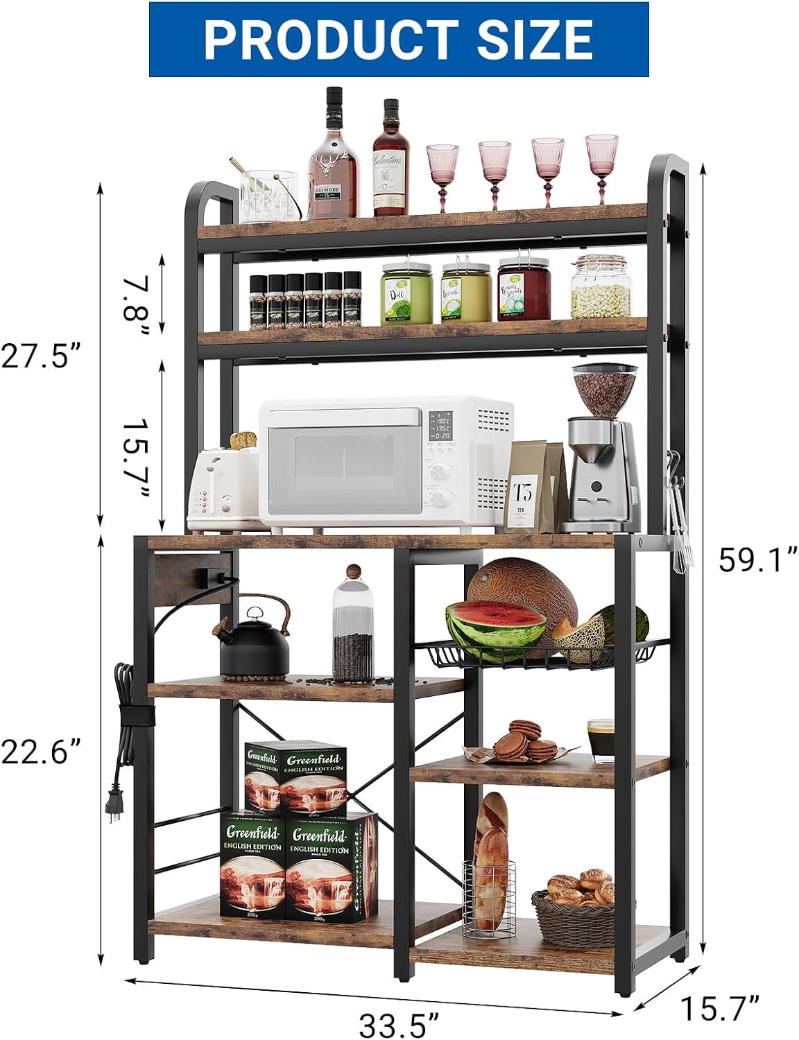 IDEALHOUSE Bakers Rack with Power Outlet, 6-Tier Coffee Bar Station with Wire Drawer, Industrial Microwave Stand, Kitchen Standing Bakers Racks with Large Storage, Hutch, Retro Brown