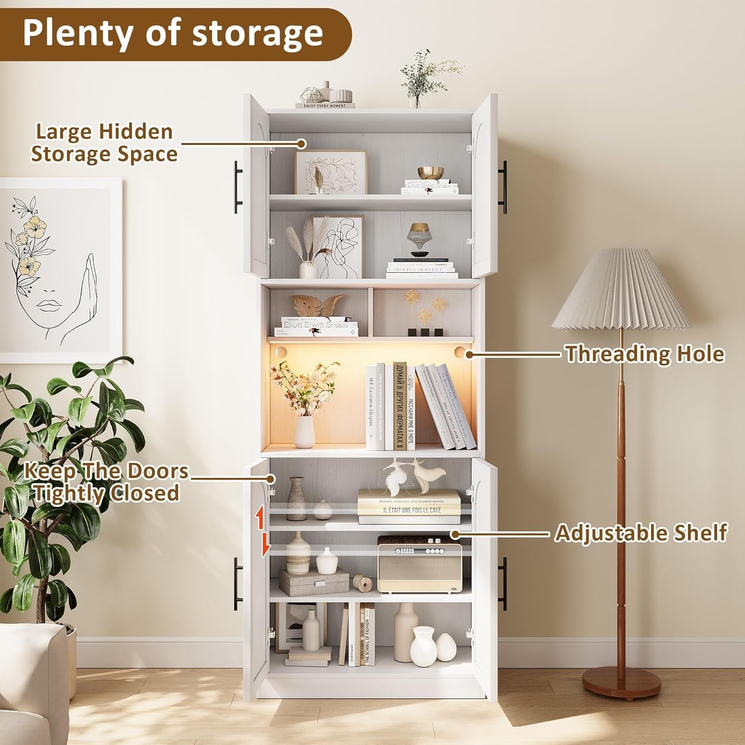 71' Tall Pantry Cabinet with Countertop, Kitchen Cabinets with LED Light Strip & Microwave Shelf, Kitchen Hutch Storage Cabinet with Adjustable Shelves for Dining Room, White