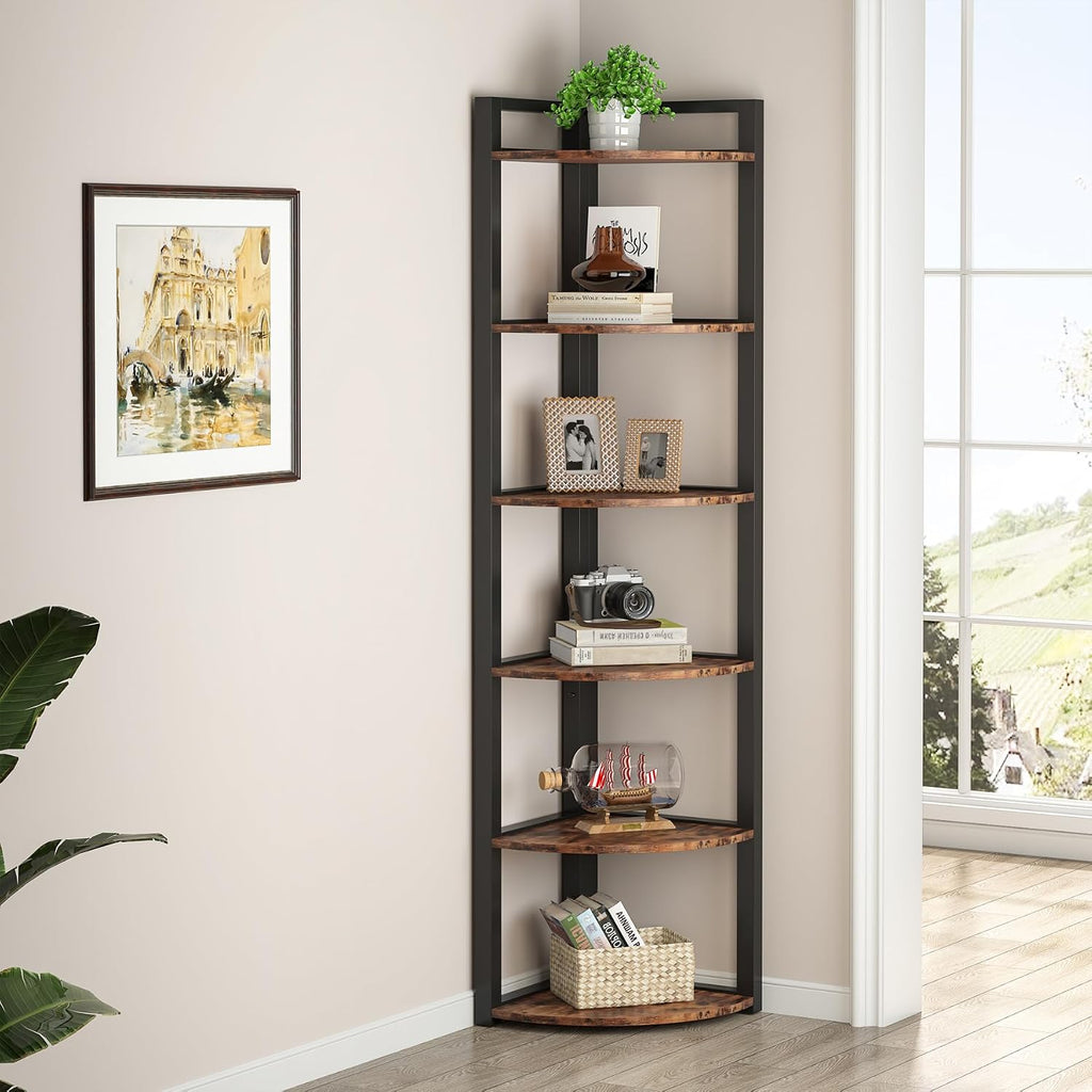 TRIBESIGNS WAY TO ORIGIN Corner Shelf, 70.9 Inch Tall Corner Bookshelf, 6 Tier Ladder Shelf with Metal Frames Multifunctional Modern Bookcase for Living Room, Home Office, Kitchen, Small Space (Brown)
